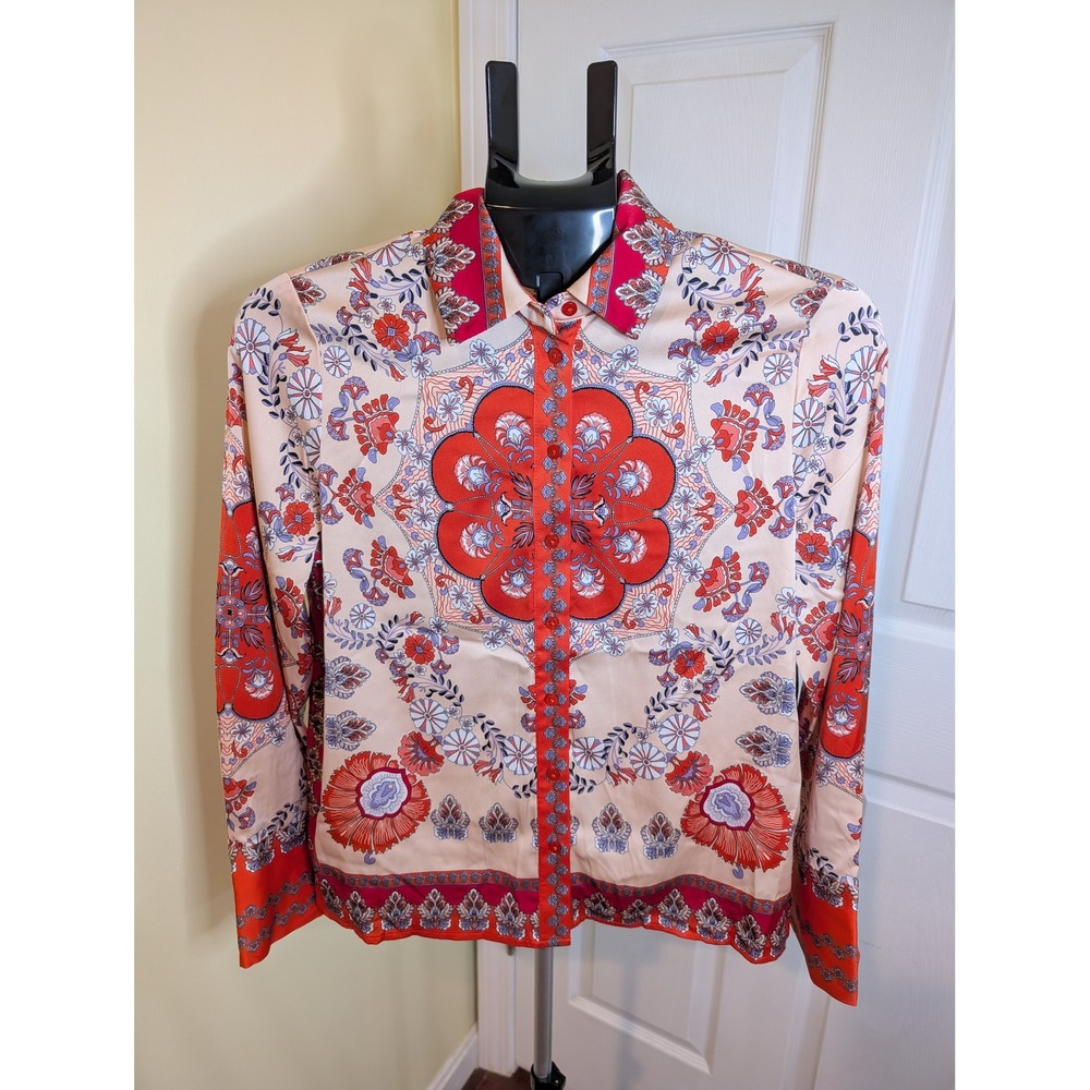 Rachel Zoe Button‎ Down Shirt Orange Floral Medallion Satin - Size XS
